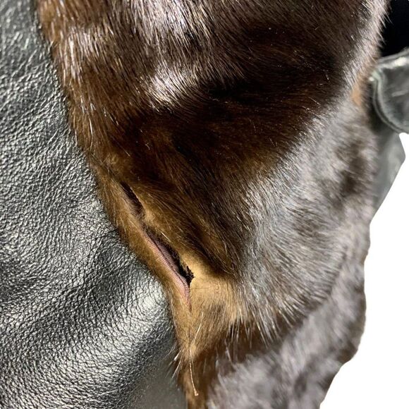 Vintage 70s Real Fur Leather Panel Coat M Black Brown For Repair - Picture 5 of 12